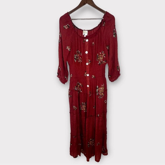 fig and flower Dresses & Skirts - Fig and Flower Red Rust Embroidered Scoop Neck 3/4 Maxi Dress XL